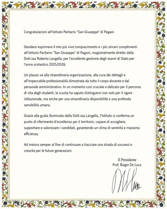Ci sono parole che fanno piacere perché raccontano il lavoro vissuto da vicino.

Il Prof. Biagio De Luca ha voluto rivolgere un messaggio di congratulazioni all’Istituto San Giuseppe per la gestione degli Esami di Stato 2025/2026.

Un riconoscimento che accogliamo con gratitudine e che condividiamo con chi ogni giorno contribuisce alla vita della scuola: docenti, personale amministrativo, studenti e famiglie.

Per noi è un invito a continuare con la stessa attenzione, mettendo al centro il percorso di ogni studente.

Grazie per queste parole.